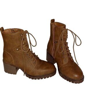 Brown Chunky Platform Lug Block Heel Lace up Zip Faux Leather Ankle Boots Wms 7